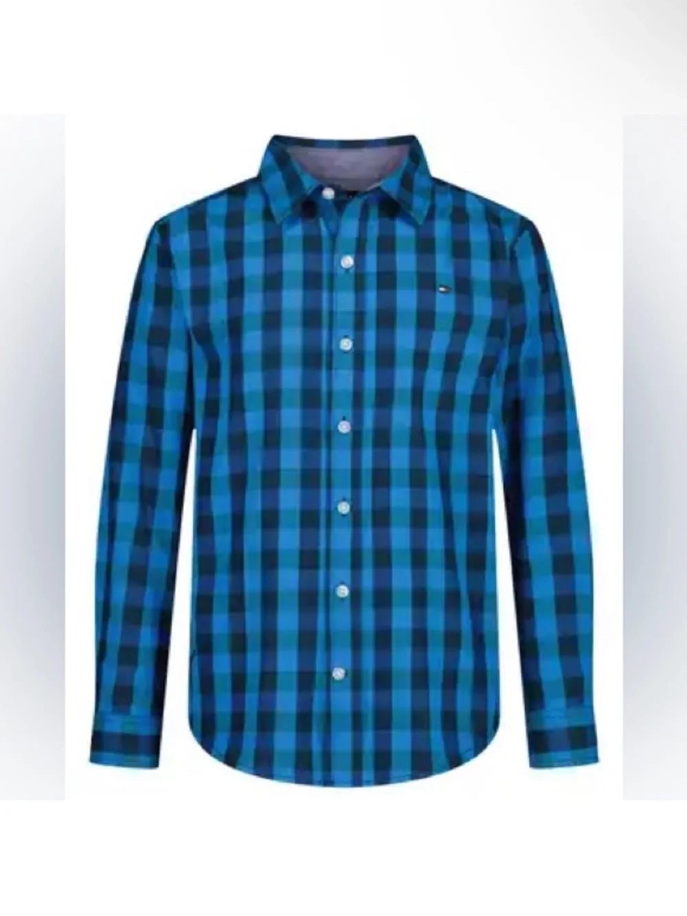 Tommy Hilfiger Boy’s Medieval Blue Twill Check Long Sleeve Button Up Shirt EUC
